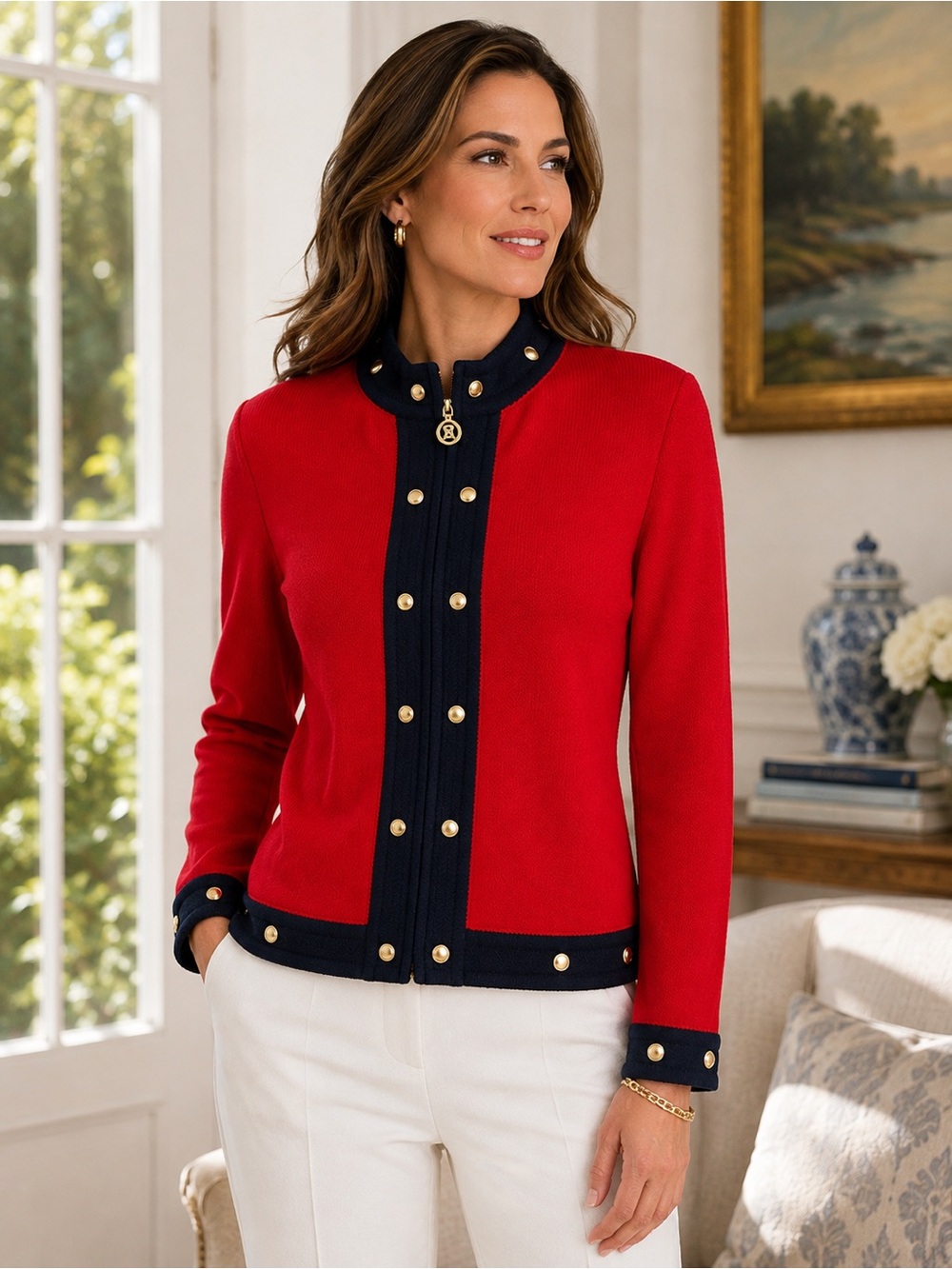 St. John Collection Marie Gray Red Navy Gold Knit Zip Cardigan Jacket 14